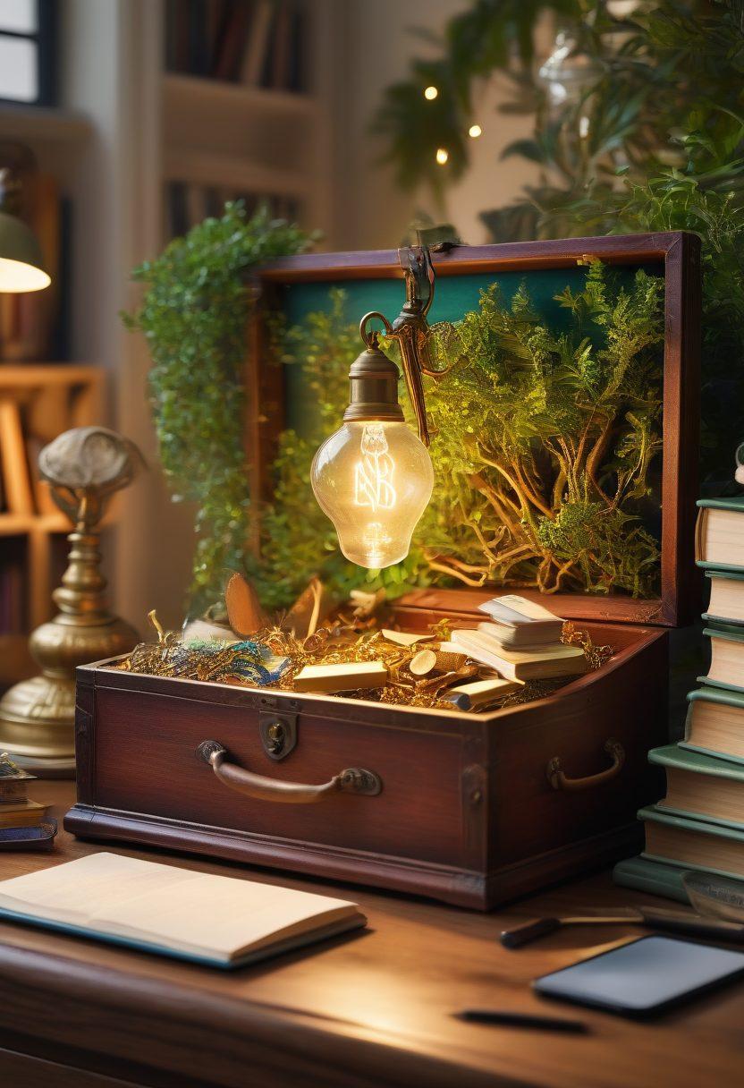 A magical key opening a treasure chest overflowing with colorful books and digital devices, symbolizing rich content. In the background, a glowing light bulb represents innovative ideas while floating dollar signs are dimmed, indicating no cost. A serene landscape of a blogging workspace can be seen, filled with lush greenery and a computer screen displaying search tips. Artistic and vibrant colors enhance the sense of discovery. super-realistic. vibrant colors. white background.