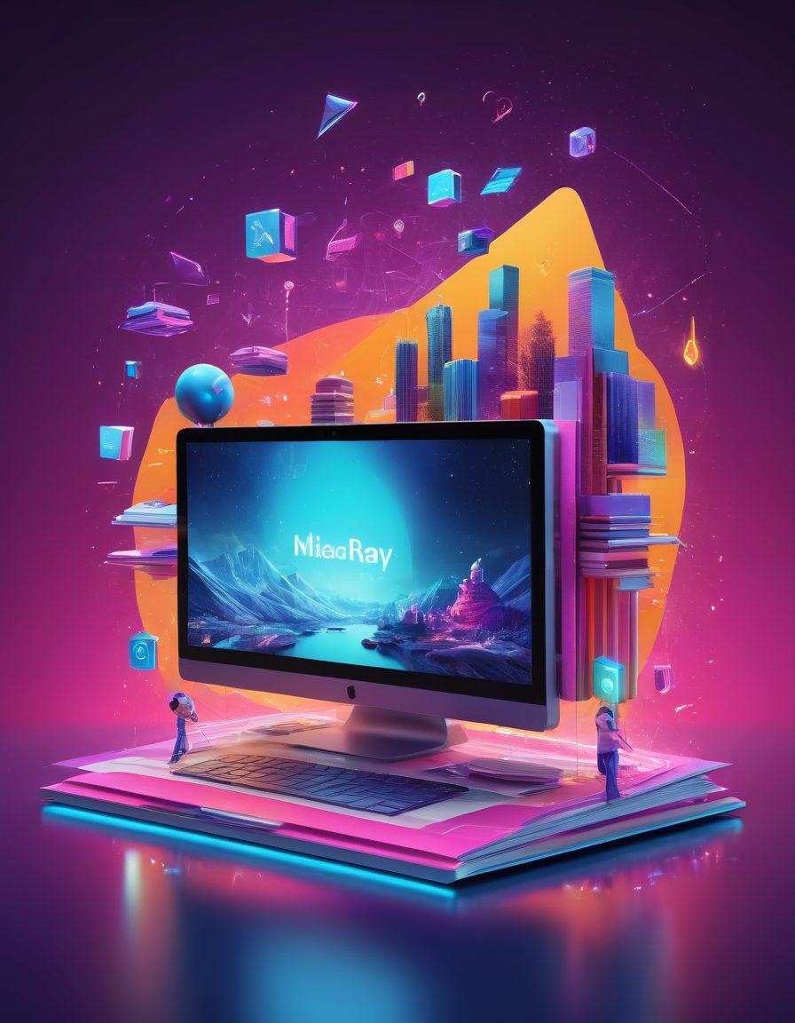 A modern digital landscape filled with vibrant icons representing free resources: books, videos, and tutorials floating in a tech-inspired background. A diverse group of people, each interacting with their devices, symbolizes collaboration and exploration. Bright colors and dynamic elements convey a sense of excitement and discovery in the digital world. futuristic style, vibrant colors, 3D.